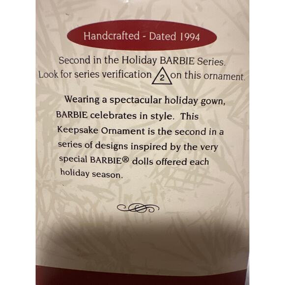 Holiday Barbie Ornament keepsake, hallmark collectors series 1994 Dolls World - Picture 6 of 8